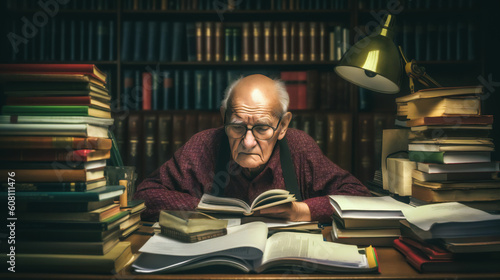 elderly person sitting at a table, surrounded by stacks of books, notes and study materials Generative AI photo