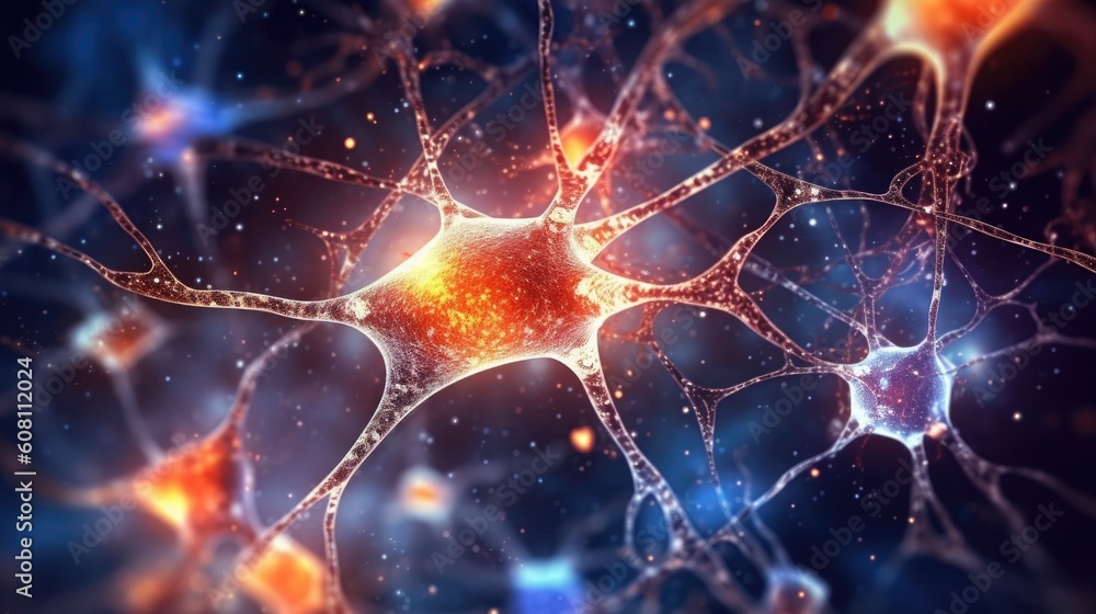 Neuron cells connect neurons with glowing link knots in the human brain. Brainstorm electricity brain cells. Generative AI. Neuron cells connect neurons with glowing link knots in the human brain. Brainstorm electricity brain cells. Generative AI.