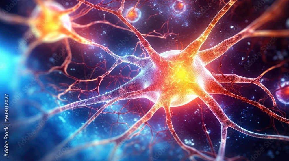 Neuron cells connect neurons with glowing link knots in the human brain. Brainstorm electricity brain cells. Generative AI. Neuron cells connect neurons with glowing link knots in the human brain. Brainstorm electricity brain cells. Generative AI.
