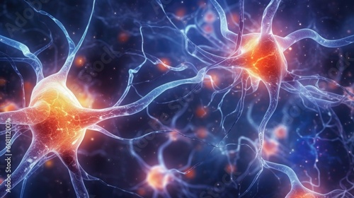 Neuron cells connect neurons with glowing link knots in the human brain. Brainstorm electricity brain cells. Generative AI.