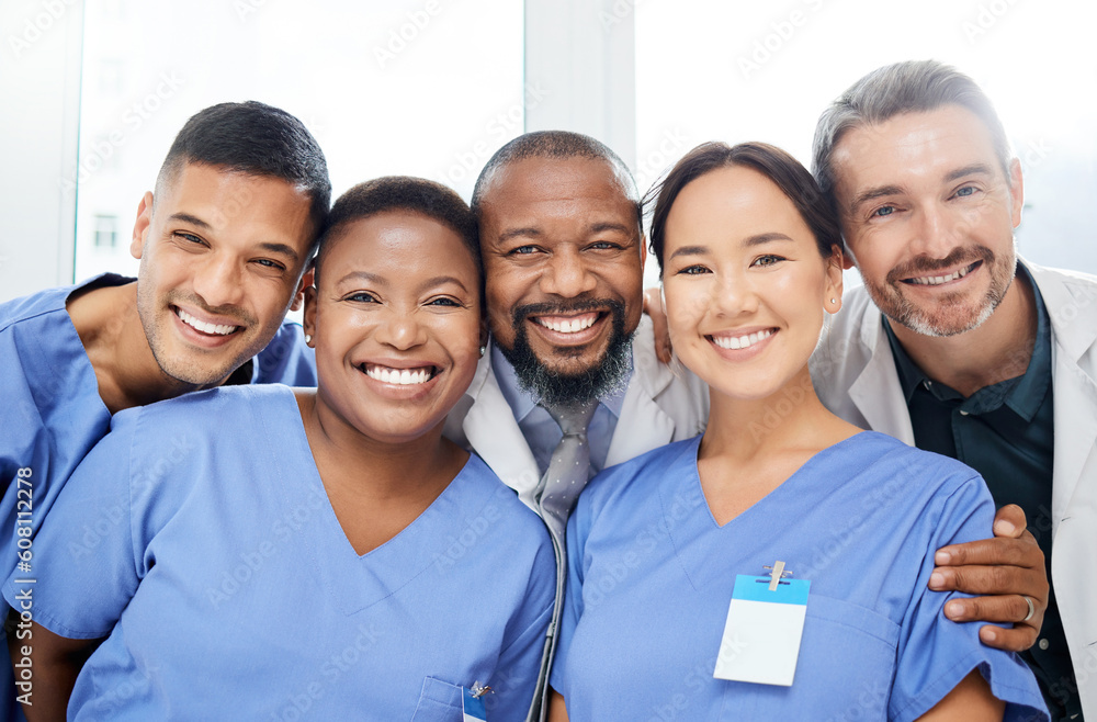 Medical, portrait of doctors and happy together at hospital or clinic with smile. Diversity, medical team for healthcare and excited or cheerful group of nurse or surgeons smiling for health wellness Medical, portrait of doctors and happy together at hospital or clinic with smile. Diversity, medical team for healthcare and excited or cheerful group of nurse or surgeons smiling for health wellness