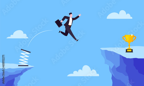 Businessman jumps over the abyss across the cliff flat style design vector illustration. Business concept of fearless businessman with huge courage. Risk, goal achievement, work obstacles and success.