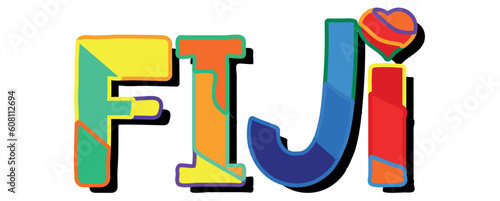 FUJI. Bright cartoon color doodle isolated typographic inscription, Illustrated text. Country name FUJI for print, travel resources, social network, adv banner, t-shirt design.