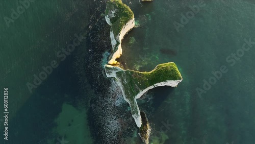 Aerial view looking down on Old Harrys Rocks, Dorset, England. photo