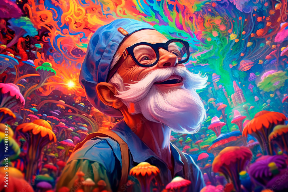 Happy old man on a psychedelic surreal background.AI generated.