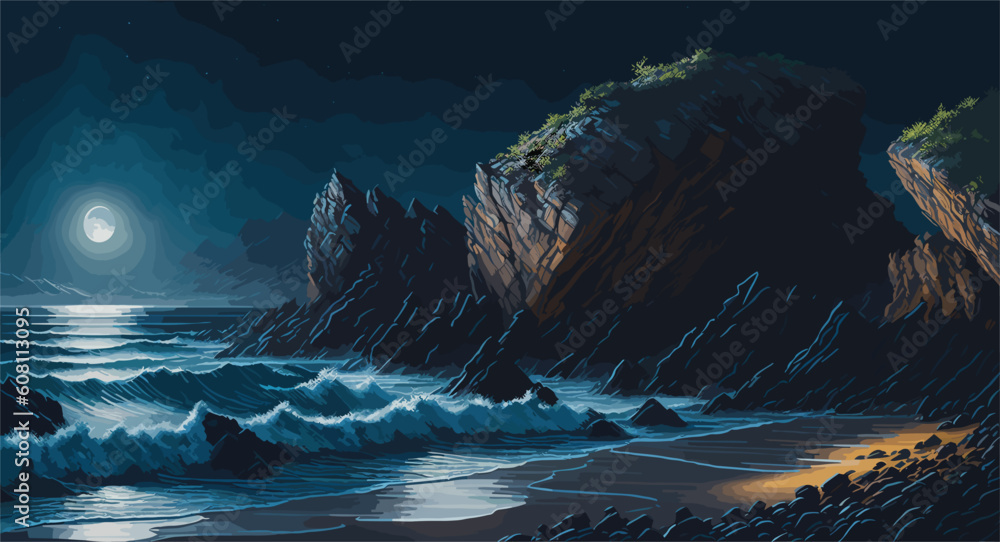 oil painting-style image of a rugged beach cliff at night, with the shimmering moonlight casting dramatic shadows and highlighting the textures of the rocks