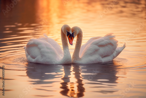 Fototapeta Naklejka Na Ścianę i Meble -  The couple of swans with their necks form a heart. AI generated.