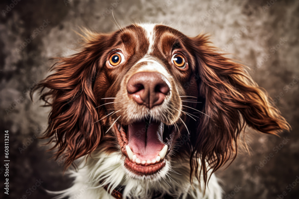 Close up of a dog on a solid background with a shocked expression. Mouth and eyes wide open.