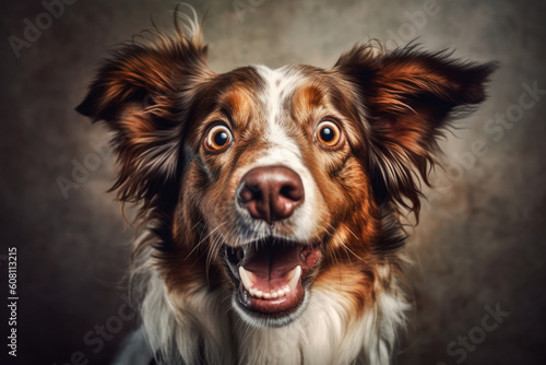 Close up of a dog on a solid background with a shocked expression. Mouth and eyes wide open. © JuanM