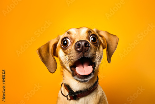 Close up of a dog on a solid background with a shocked expression. Mouth and eyes wide open.