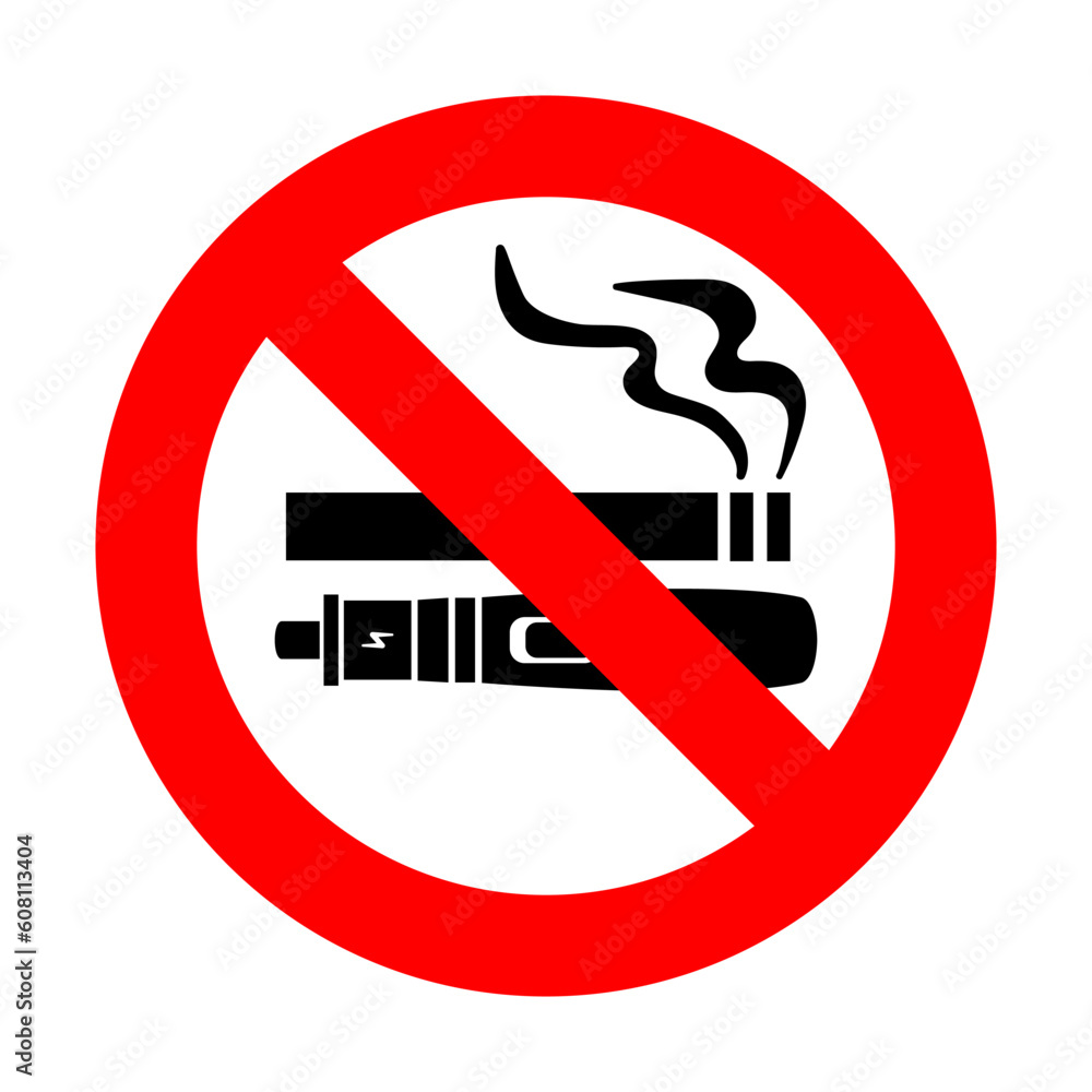 No smoking no vaping sign. Forbidden sign icon isolated on white background vector illustration. Cigarette, vape and smoke and in prohibition circle. No smoking no vaping sign. Forbidden sign icon isolated on white background vector illustration. Cigarette, vape and smoke and in prohibition circle.