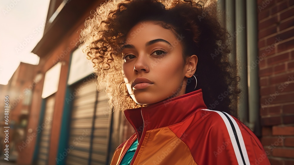 Fototapeta premium Woman with curly hair outdoors, hipster, millennial, golden hour. Generative Ai image