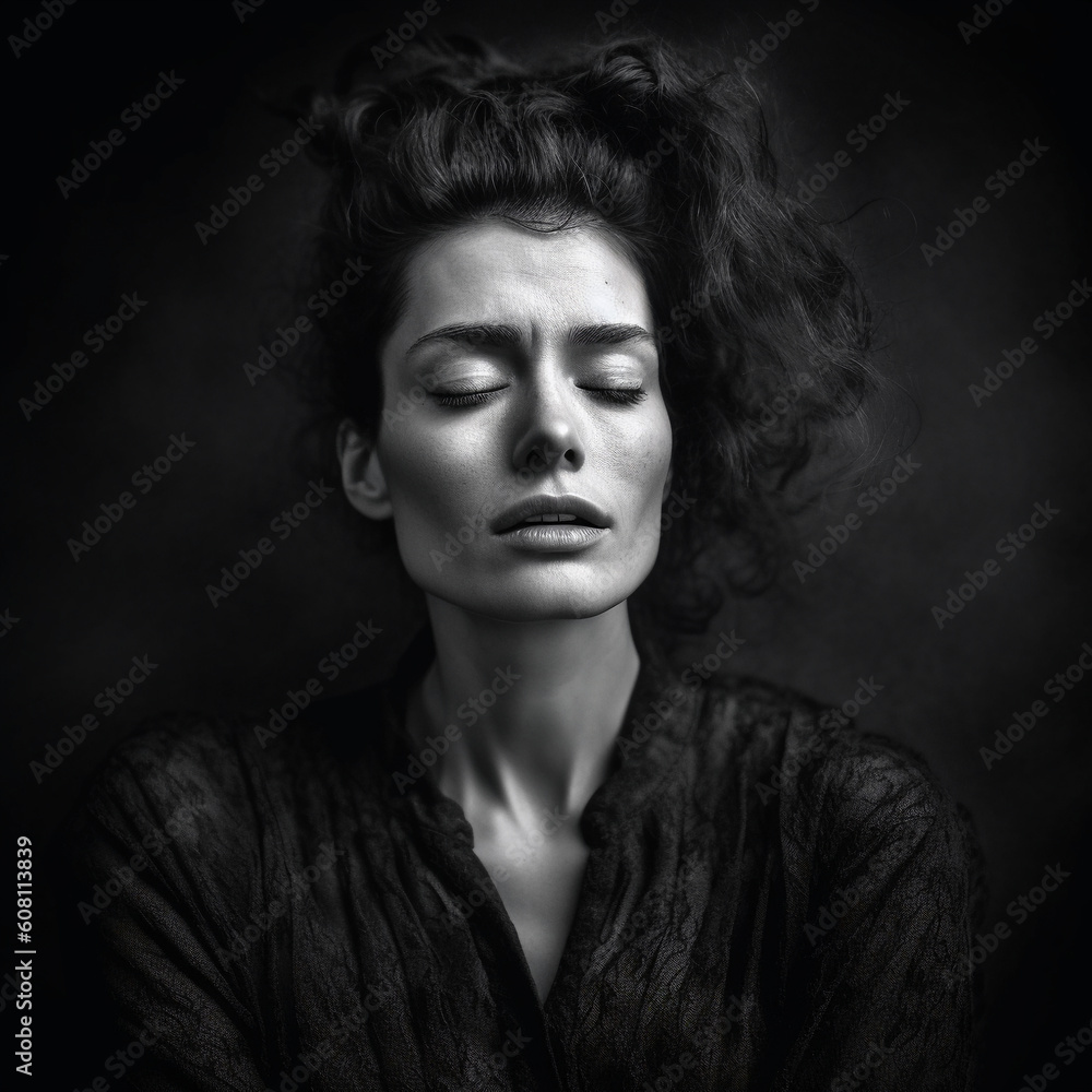 Monotone drawing of a sad and anxious woman was created by Generative AI. Monotone drawing of a sad and anxious woman was created by Generative AI.