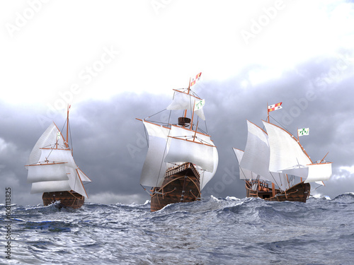 Santa Maria Pinta and Nina a Christopher Columbus fleet a front view from water level at sea 3D rendered image in high quality in HDR