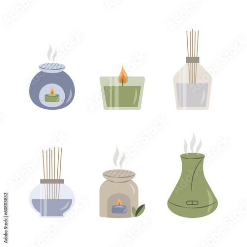 Composition with aroma lamp, scented candle, essential oil, aromatherapy on white background. vector illustration