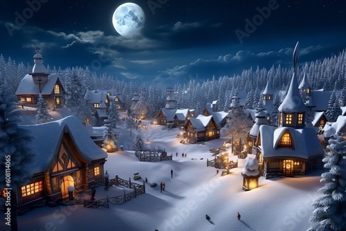 Enchanting Winter Wonderland:  Scene for Winter Experience the Magic of Santa's Village in the North Pole a Full Moon at Night. Immerse Yourself in Christmas Village., Generative AI. © ParinApril