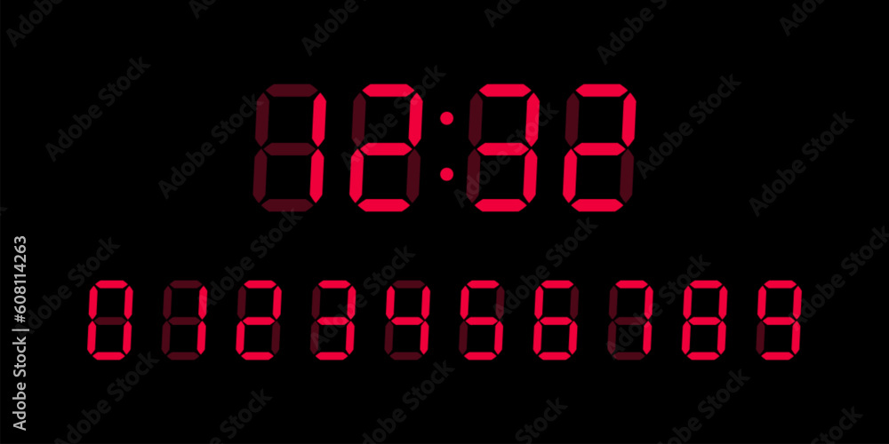 Red digital glowing numbers for Lcd electronic devices screen isolated on black background. Clock, timer concept. Vector Illustration.