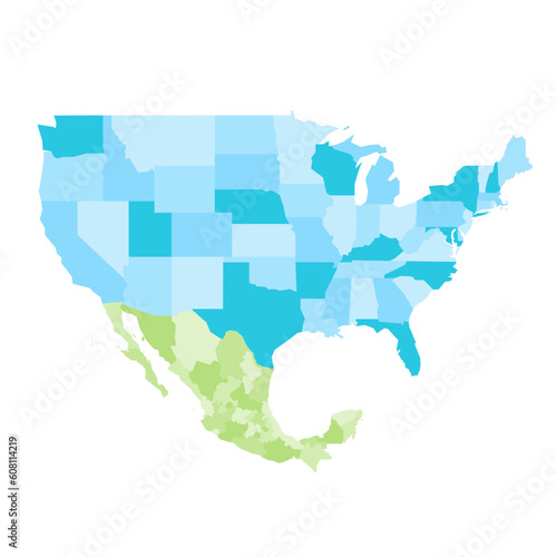 United States and Mexico political map of administrative divisions. Colorful blank vector map