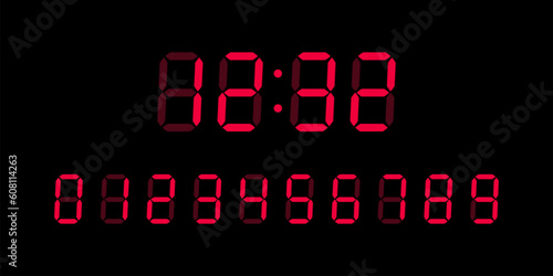 Red digital glowing numbers for Lcd electronic devices screen isolated on black background. Clock, timer concept. Vector Illustration.