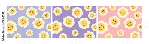 Set of groovy seamless patterns with funny happy daisy backgrounds in trendy retro trippy y2k style. 