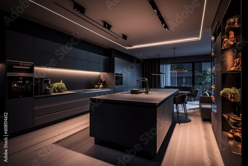 A Stylish and Expansive Apartment Featuring a Sleek Luxury Kitchen Design in Dark Tones  Chic LED Lighting  a Cooking Island  and a Dining Area.  Generative AI.