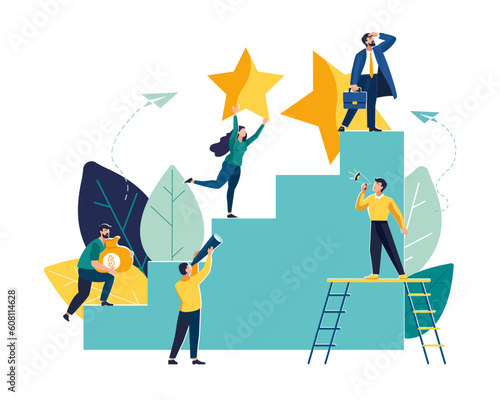 Business concept Vector illustration, of flat characters. Businessman and employees achieve financial success. Little people climb the career ladder, concept of career growth, career planning, money 