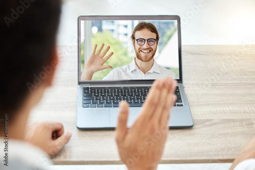 Video call, laptop and business people for virtual communication, online meeting and remote work. Happy professional man and partner wave hello on computer screen for webinar or team collaboration
