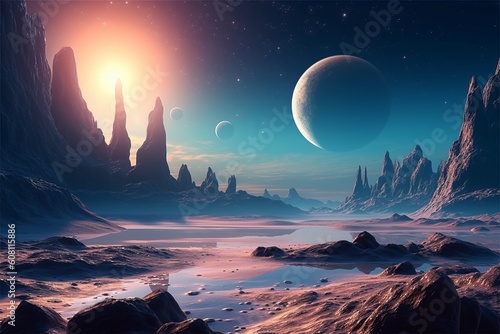 Otherworldly Terrain: A Spectacular View of a Distant Planet in the Cosmos, Generative AI.