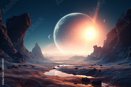 Otherworldly Terrain  A Spectacular View of a Distant Planet in the Cosmos  Generative AI.