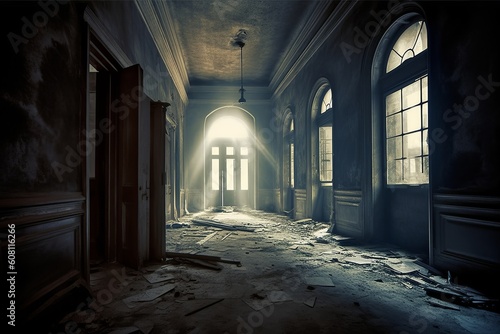 Eerie Interior of a Haunted Building, Generative AI.