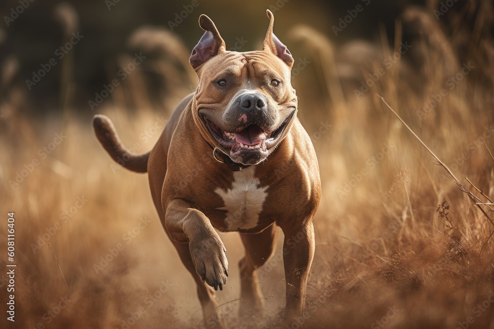 American Staffordshire terrier running in the field. Portrait Ai generated