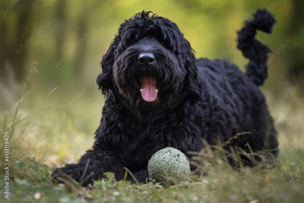 A big black terrier dog with a ball lying in the grass Ai generated