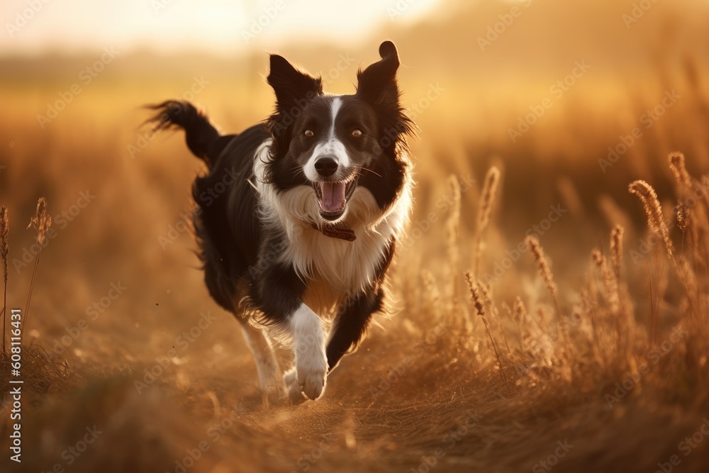 Border collie running in the field at sunset. The border collie is a breed of dog in the family Felidae. Ai generated