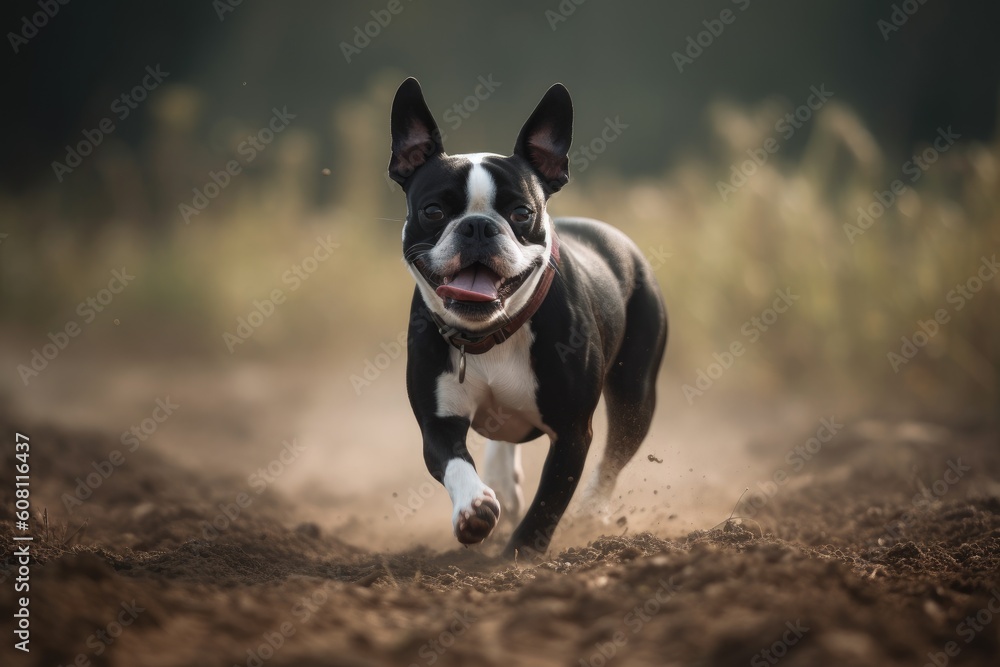A Boston Terrier running in the field on a sunny day. Ai generated