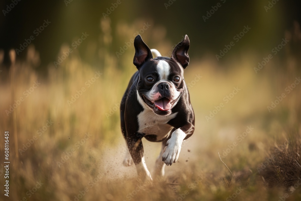 A Boston Terrier running in the field on a sunny day. Ai generated A Boston Terrier running in the field on a sunny day. Ai generated