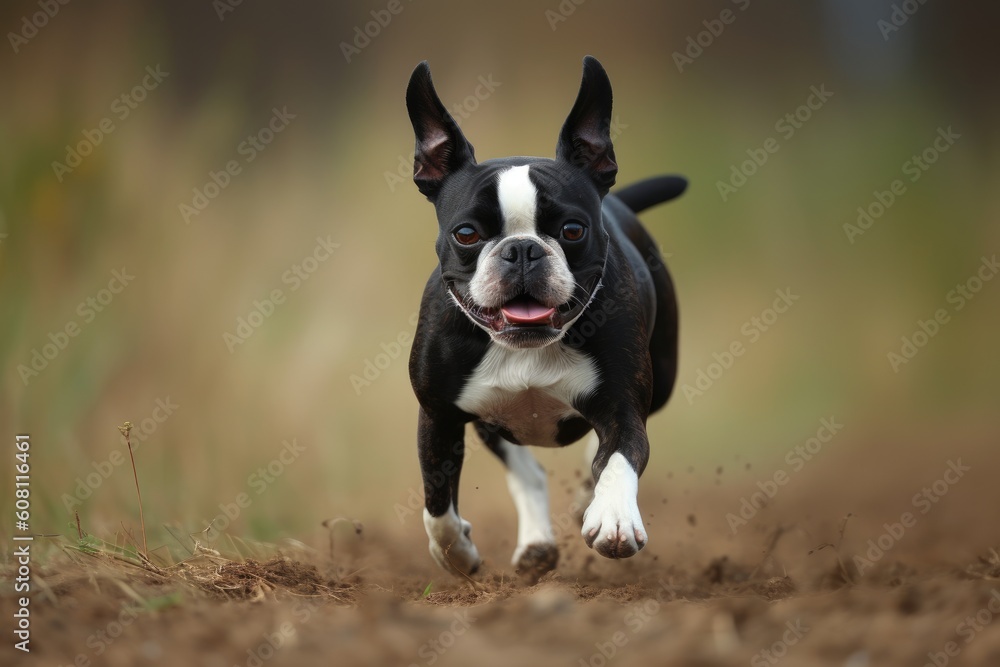 A Boston Terrier running through the field on a sunny day. Ai generated
