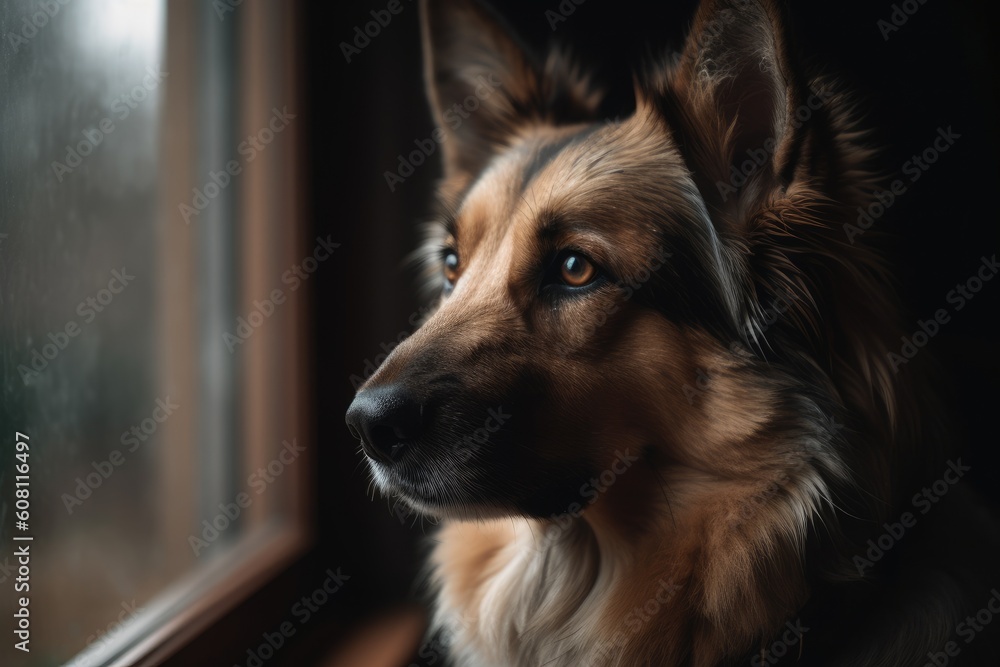 German shepherd dog looking out the window. Selective focus on eyes. Ai generated German shepherd dog looking out the window. Selective focus on eyes. Ai generated