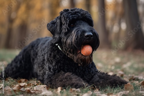 black russian terrier with a ball in the autumn park. Ai generated