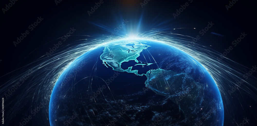 Obraz premium Revolutionizing Global Communication: Earth's Fiber-Optic and Internet Connectivity from Space, Generative AI.