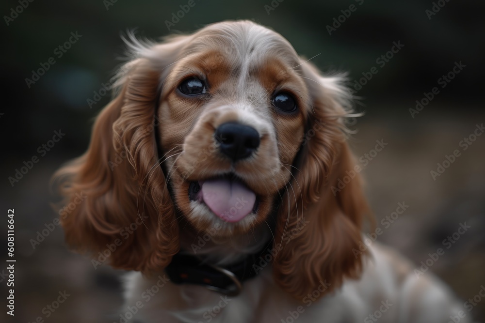Cocker Spaniel puppy with the tongue out. Closeup portrait Ai generated