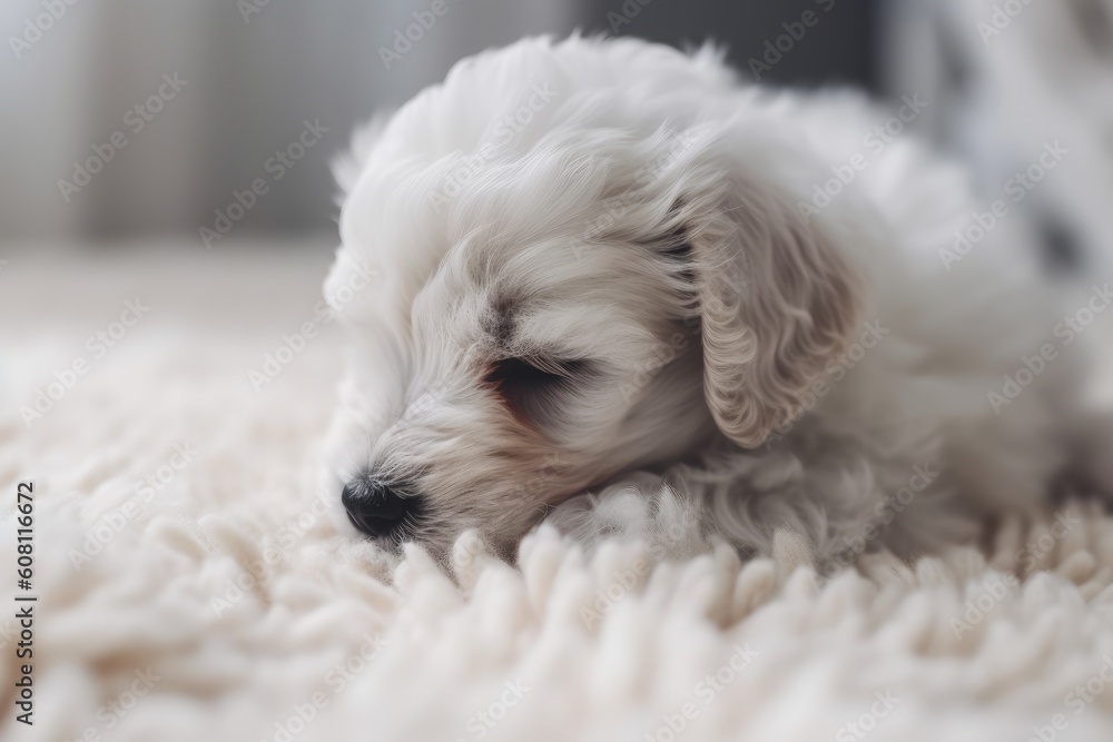 Cute little bichon puppy sleeping on the bed at home. Ai generated Cute little bichon puppy sleeping on the bed at home. Ai generated