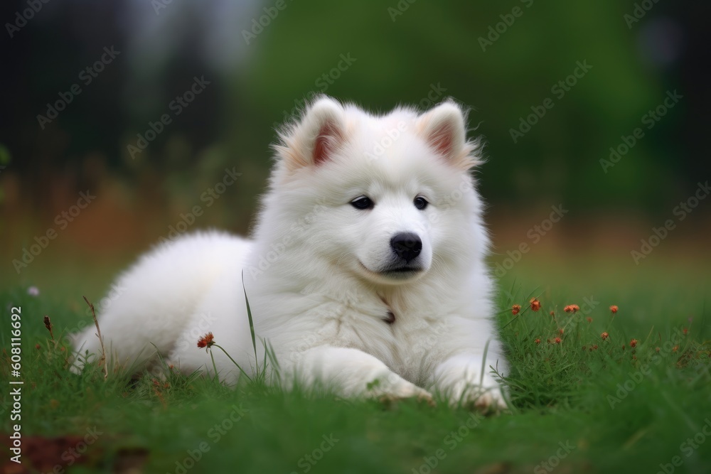 Beautiful Samoyed puppy sitting on the grass in the park Ai generated