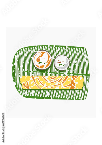 Editable Top View Brush Strokes Style Indian Masala Dosa With Chutney and Sambar on Banana Leaf Vector Illustration for Artwork of Cuisine Related Design With South Asian Culture and Tradition