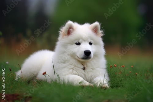 Beautiful Samoyed puppy sitting on the grass in the park Ai generated