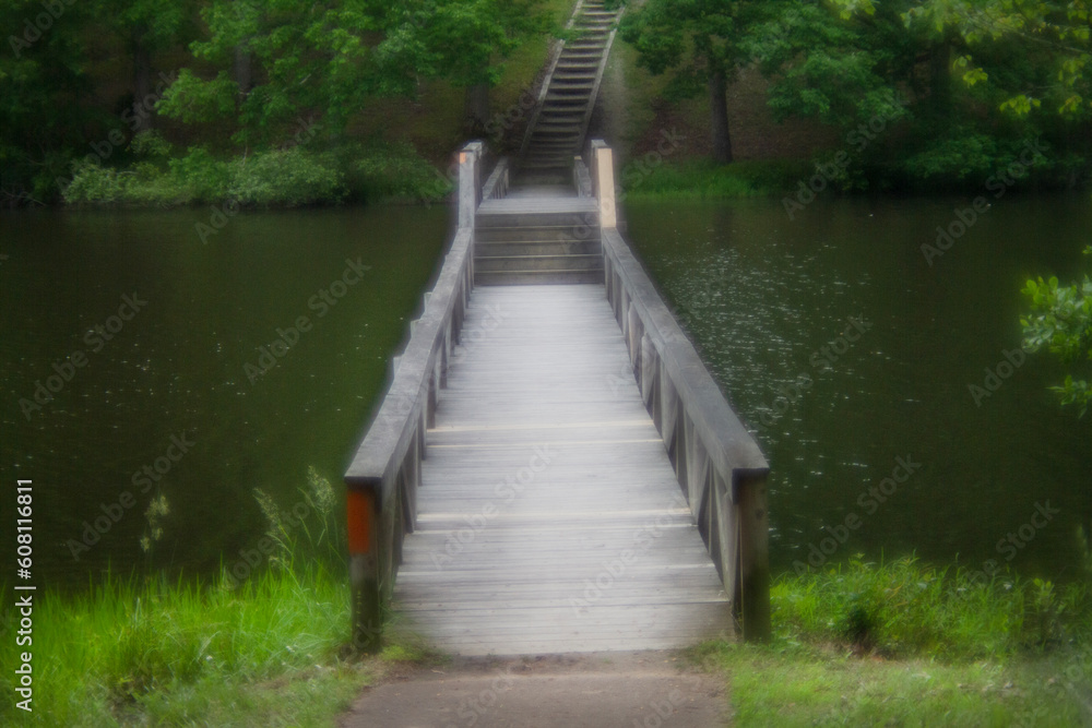 Fototapeta premium Footbridge across the water with stairway soft focus for mystery, dream or adventure