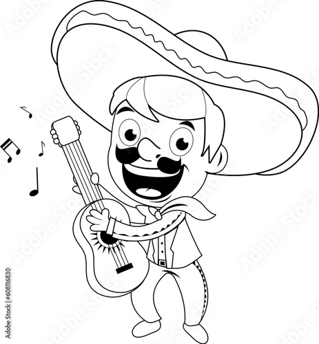 Mexican mariachi man playing the guitar. Vector black and white coloring page.