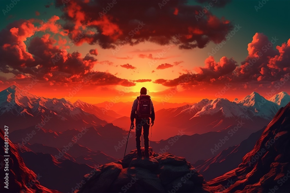 Adventurer Conquering the Summit: A Backpacker's Journey with a Majestic Sunset, Generative AI.