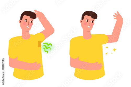 Sweaty armpits Hyperthyroidism sweating concept.  Armpit problem and body hygiene. Vector illustration.