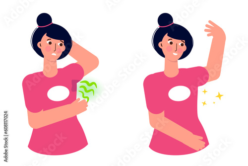 Sweaty armpits Hyperthyroidism sweating concept.  Armpit problem and body hygiene. Vector illustration.