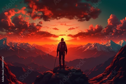 Adventurer Conquering the Summit: A Backpacker's Journey with a Majestic Sunset, Generative AI.